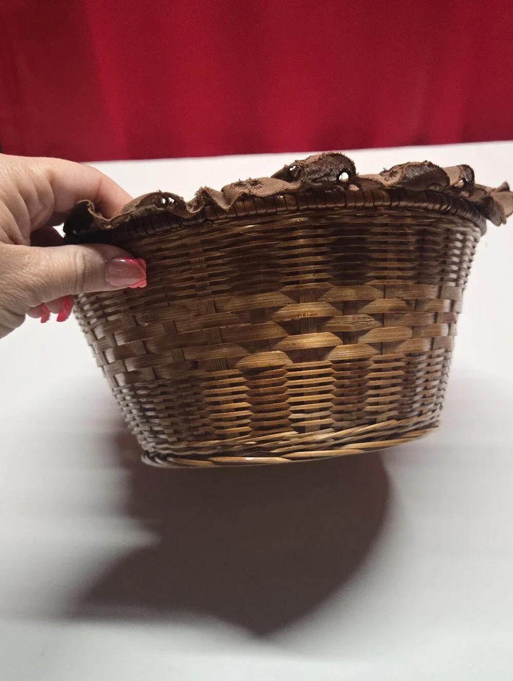 Handmade Cream & Brown Fabric Bread Basket with Ribbon Ties